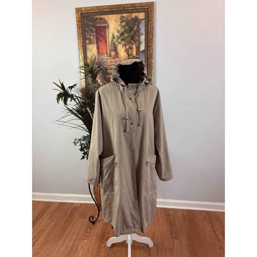 Sue Brett Woman Trench Hooded Coat Beige Size 14W Zipper Pocket Long Sleeve Open